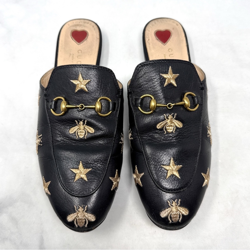 GUCCI Princetown Bee Embroidered Horsebit Leather Slide Mule Loafer Flats Black